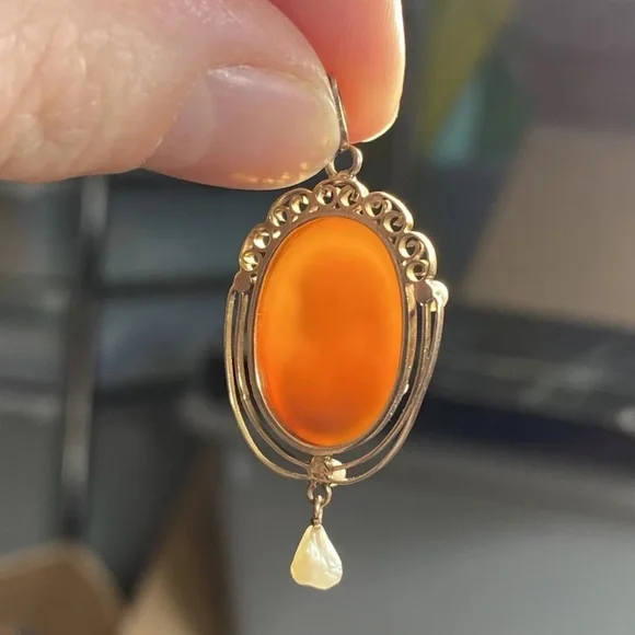 Antique 10k gold Cameo Pearl Lavalier Pendant